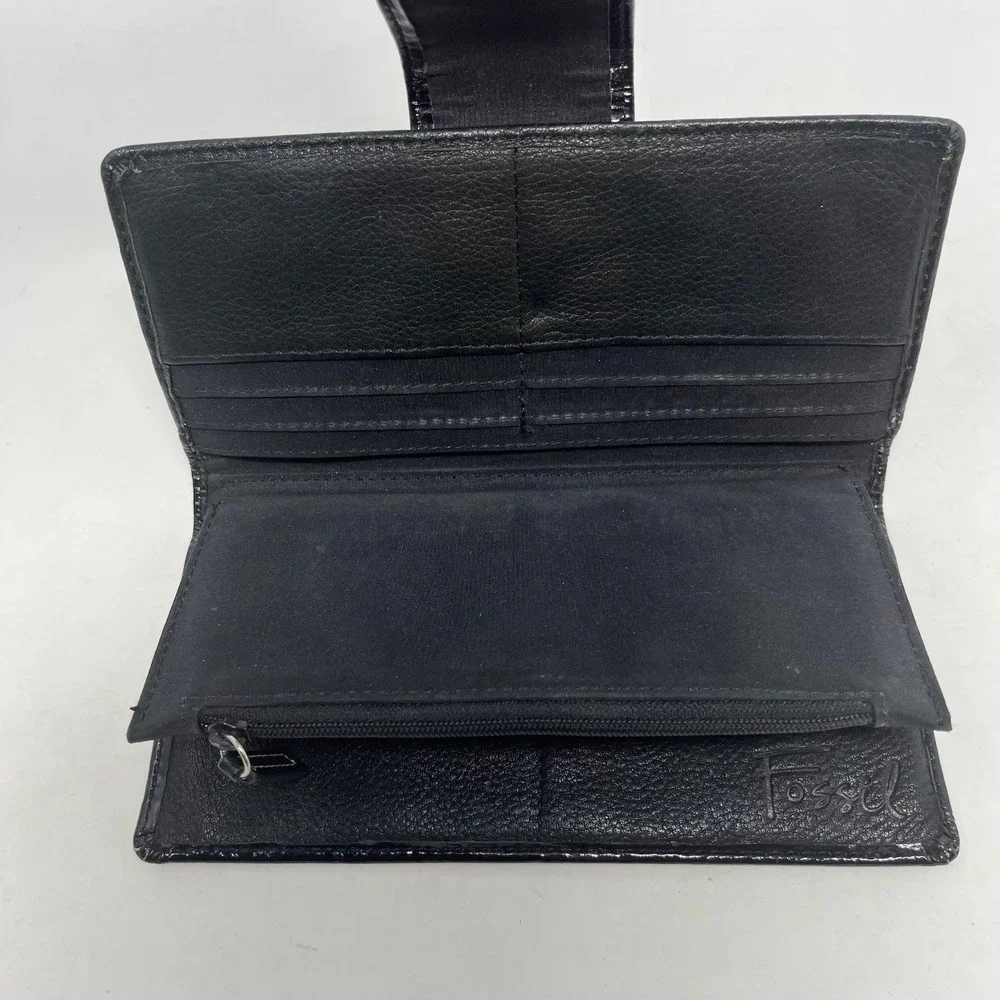 Vtg Fossil Black Diagonal Mixed Suede Patent Leather Bi‎ Fold Wallet Y2K Indie